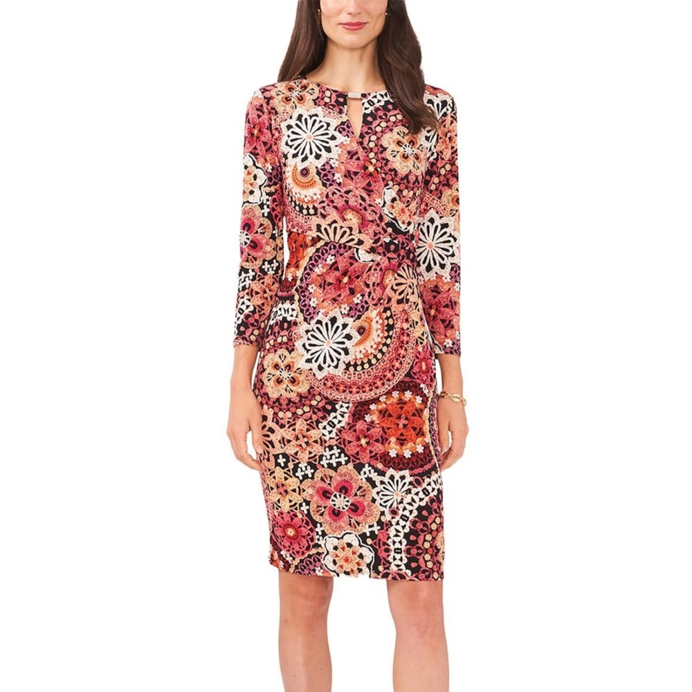 🆕 MSK Dress Women’s Medium Peach Berry Black Floral Faux Wrap NWT NEW